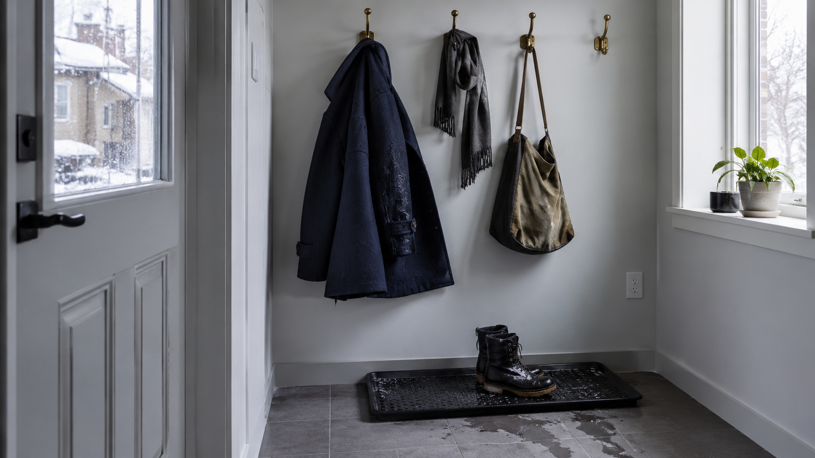 Salt-stained winter boots on a rubber boot tray beneath brass wall hooks in a small Canadian entryway