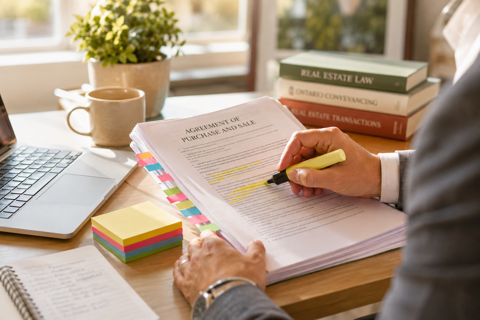 Real estate lawyer reviewing an agreement of purchase and sale in a bright colourful office