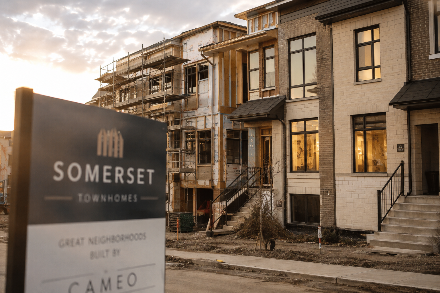 Modern Ontario freehold townhome community under construction at golden hour