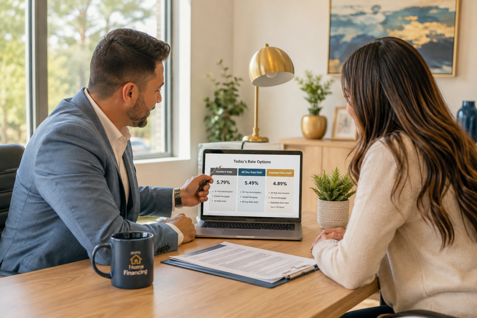 Mortgage broker explaining rate hold options to a homebuyer in a bright colourful office
