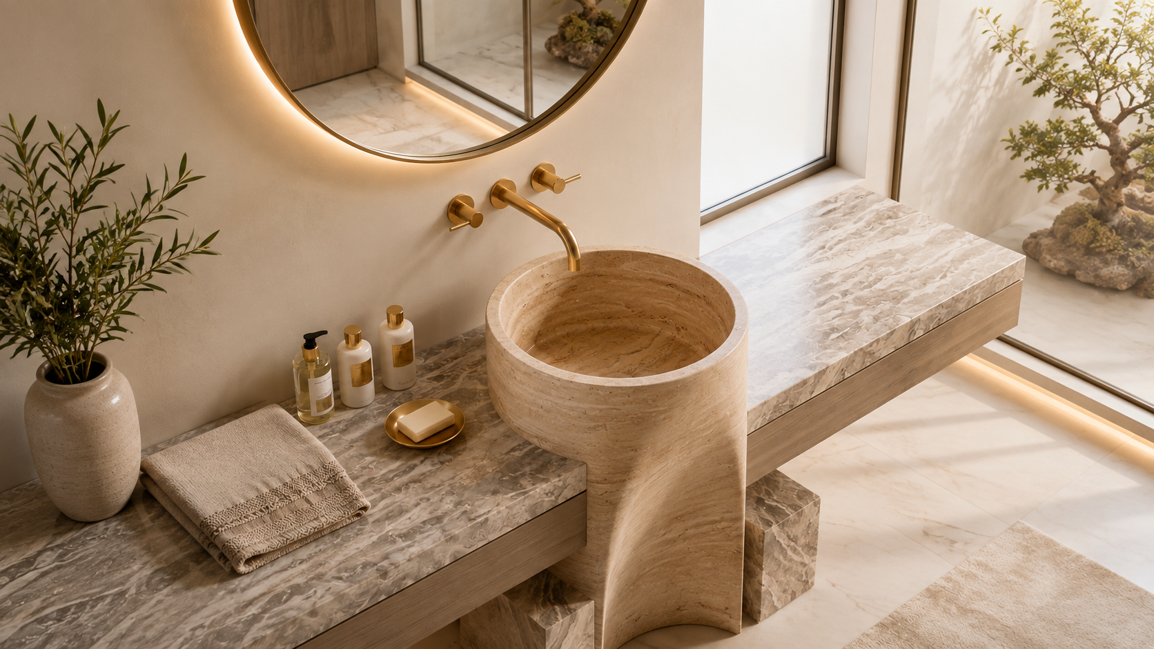 Natural stone sink and brass fixtures in a luxury powder room