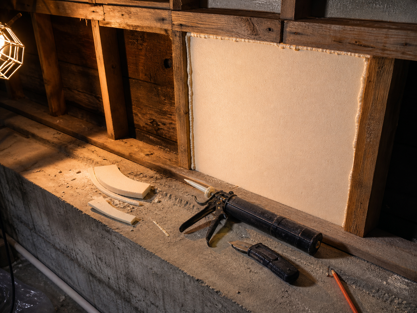 Rigid foam board being fitted into a basement rim joist bay, a caulk gun resting nearby under work-light illumination