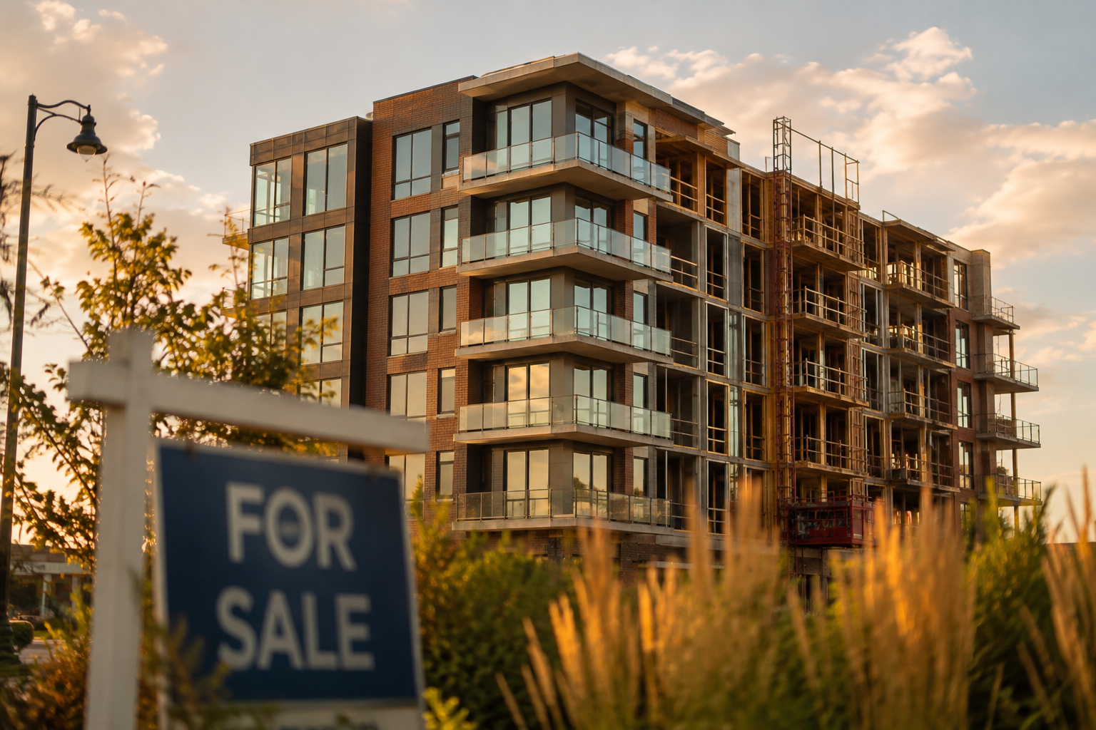 Modern mid-rise condo building under construction with completed balconies, representing unsold inventory in Ontario's condo market
