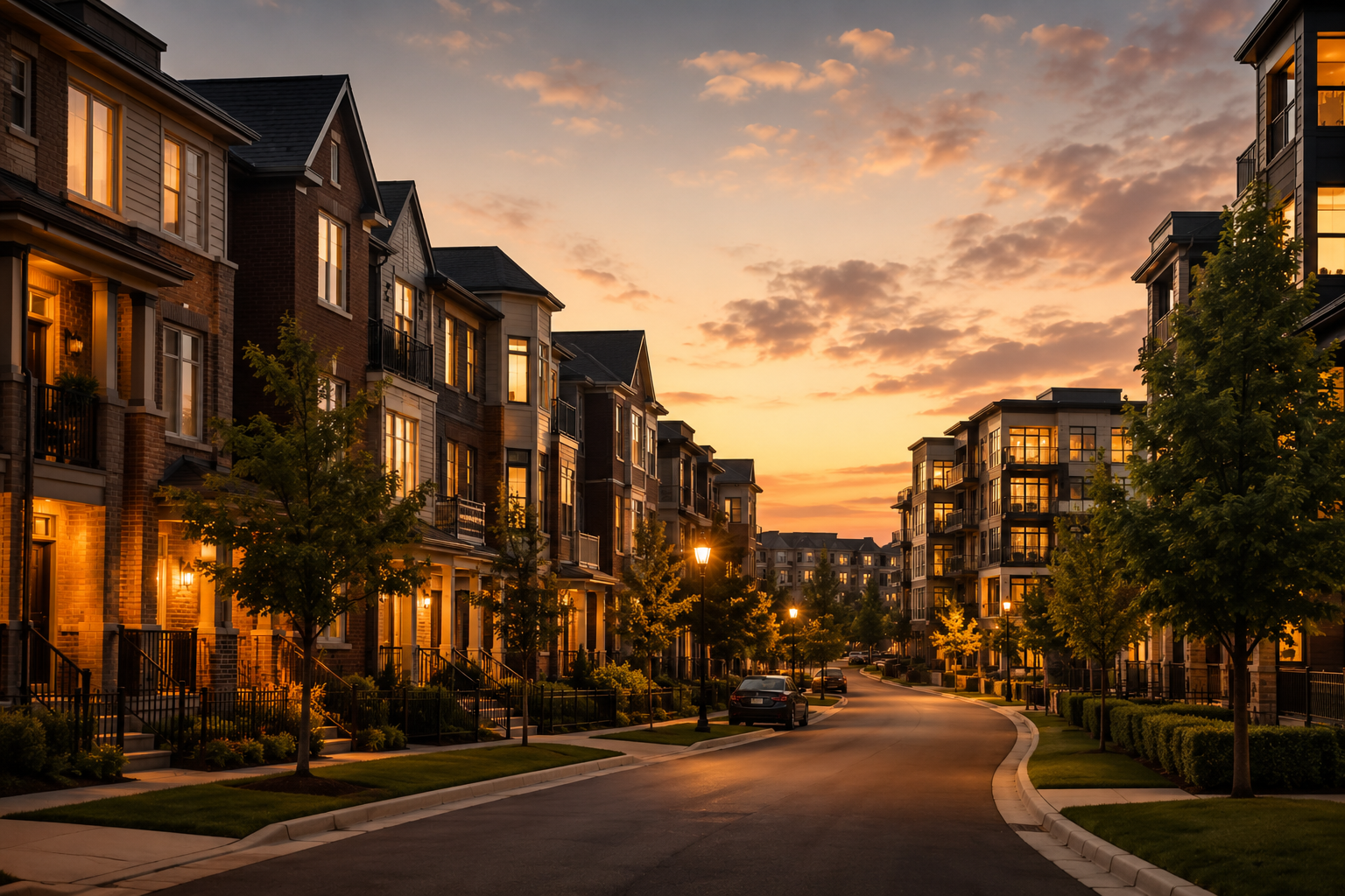 Quiet Ontario residential street at dusk with a mix of townhomes and low-rise condo buildings, symbolizing housing stability