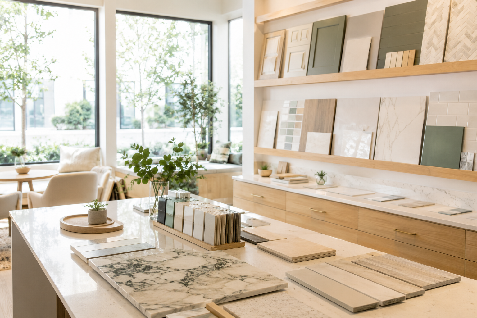 Bright, modern pre-construction design studio with material and finish samples