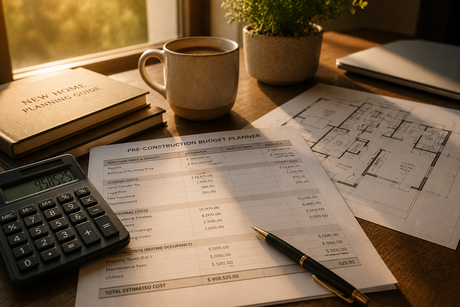 Financial planning worksheet for pre-construction home costs beyond the base price