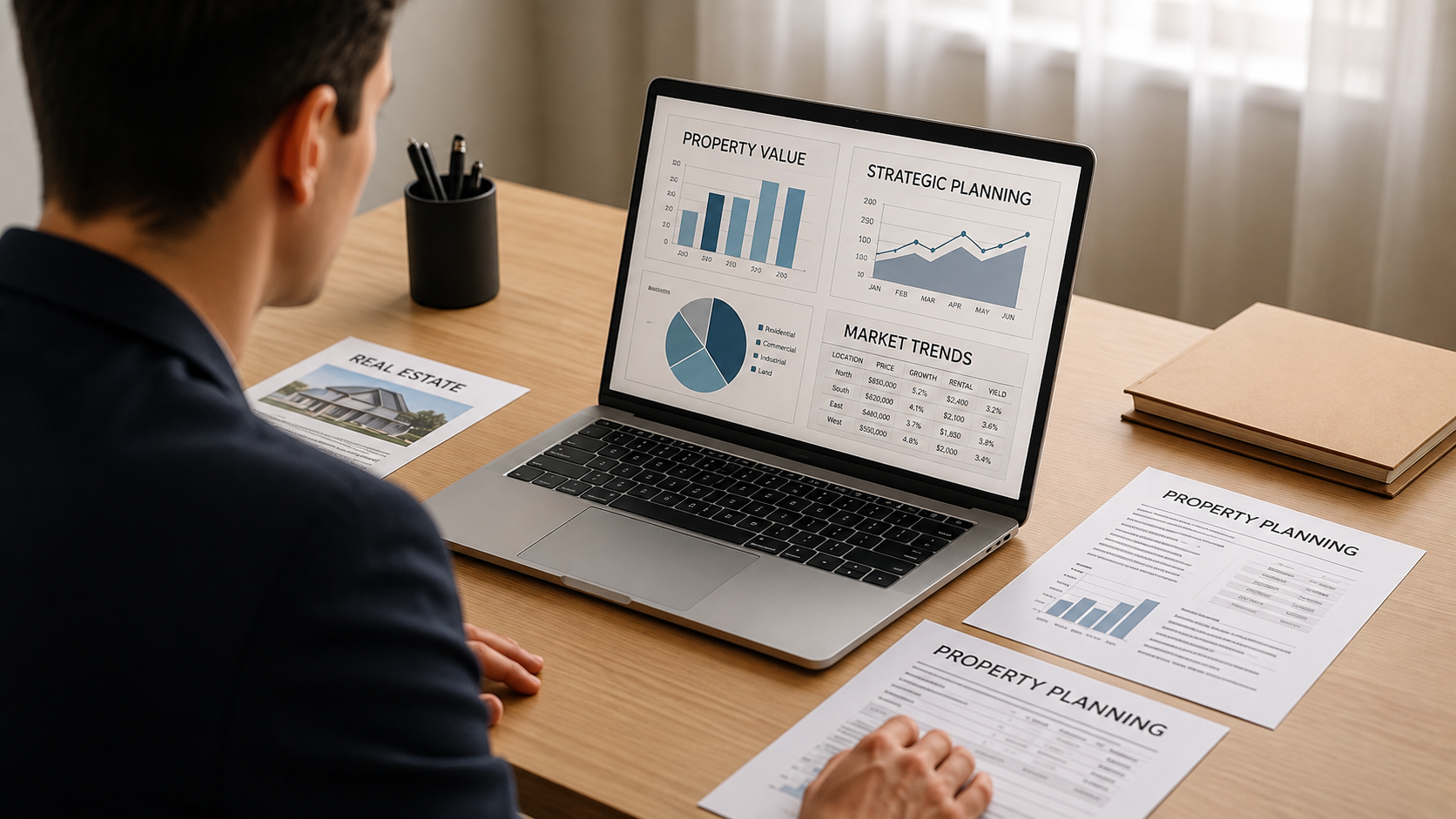 Real estate professional at a desk reviewing property value and market trend dashboards on a laptop, surrounded by printed property planning documents