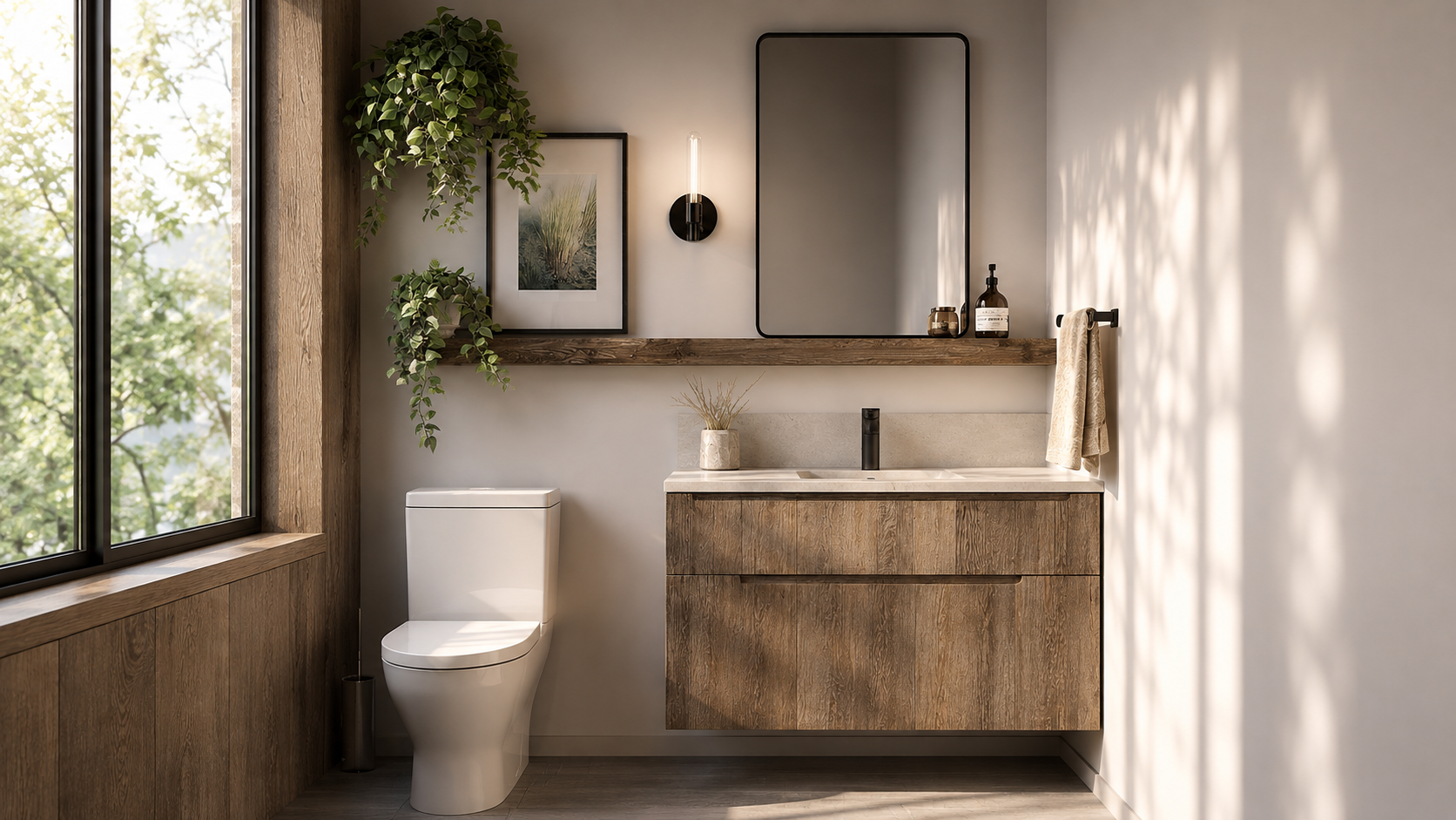 Small bathroom vanity nook at dusk with lamp lighting, a fresh towel, and a small potted plant