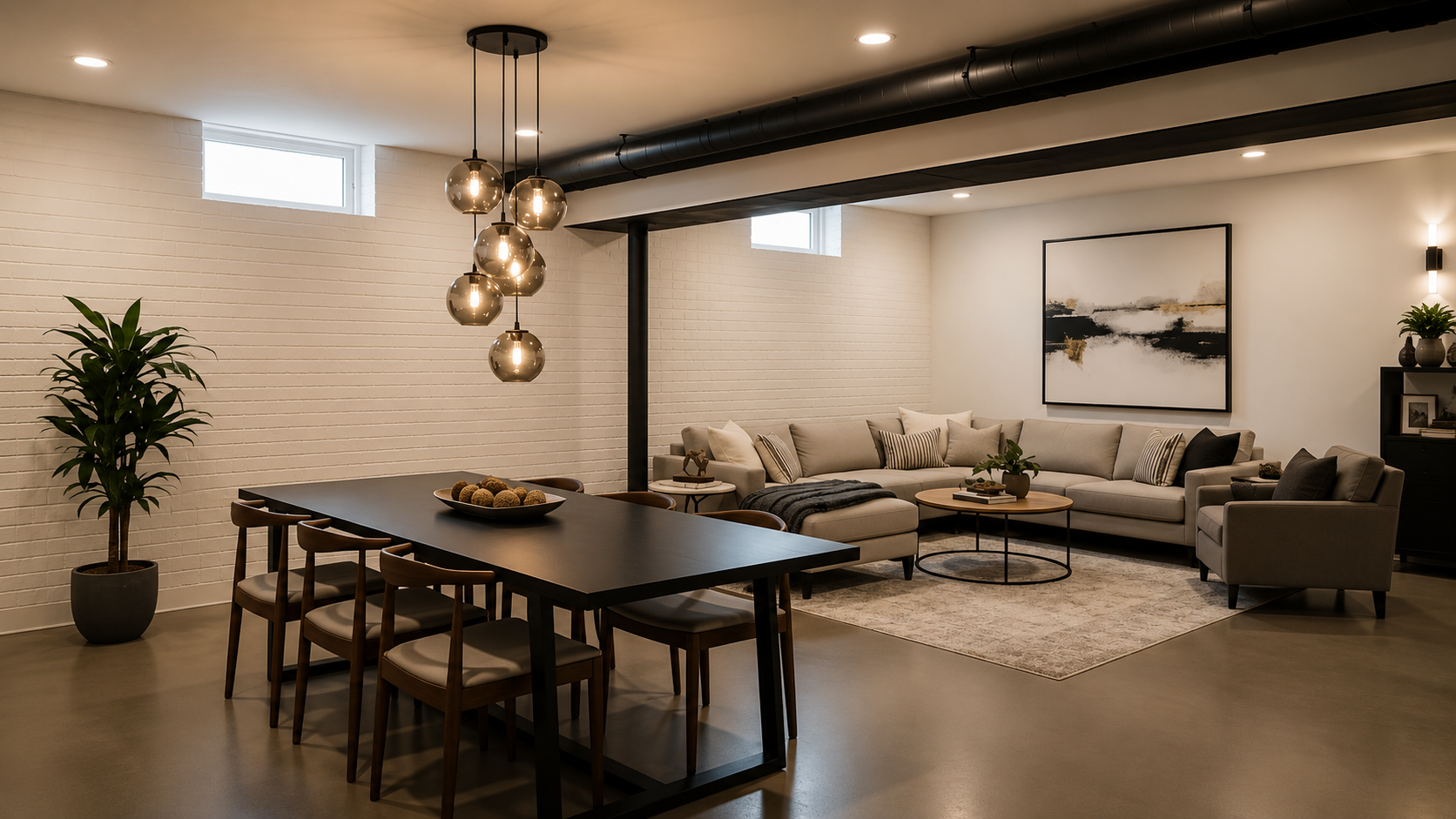 Open-plan semi-finished basement with a home gym zone on rubber tile, a laundry station, and a rug-anchored seating area, all without dividing walls