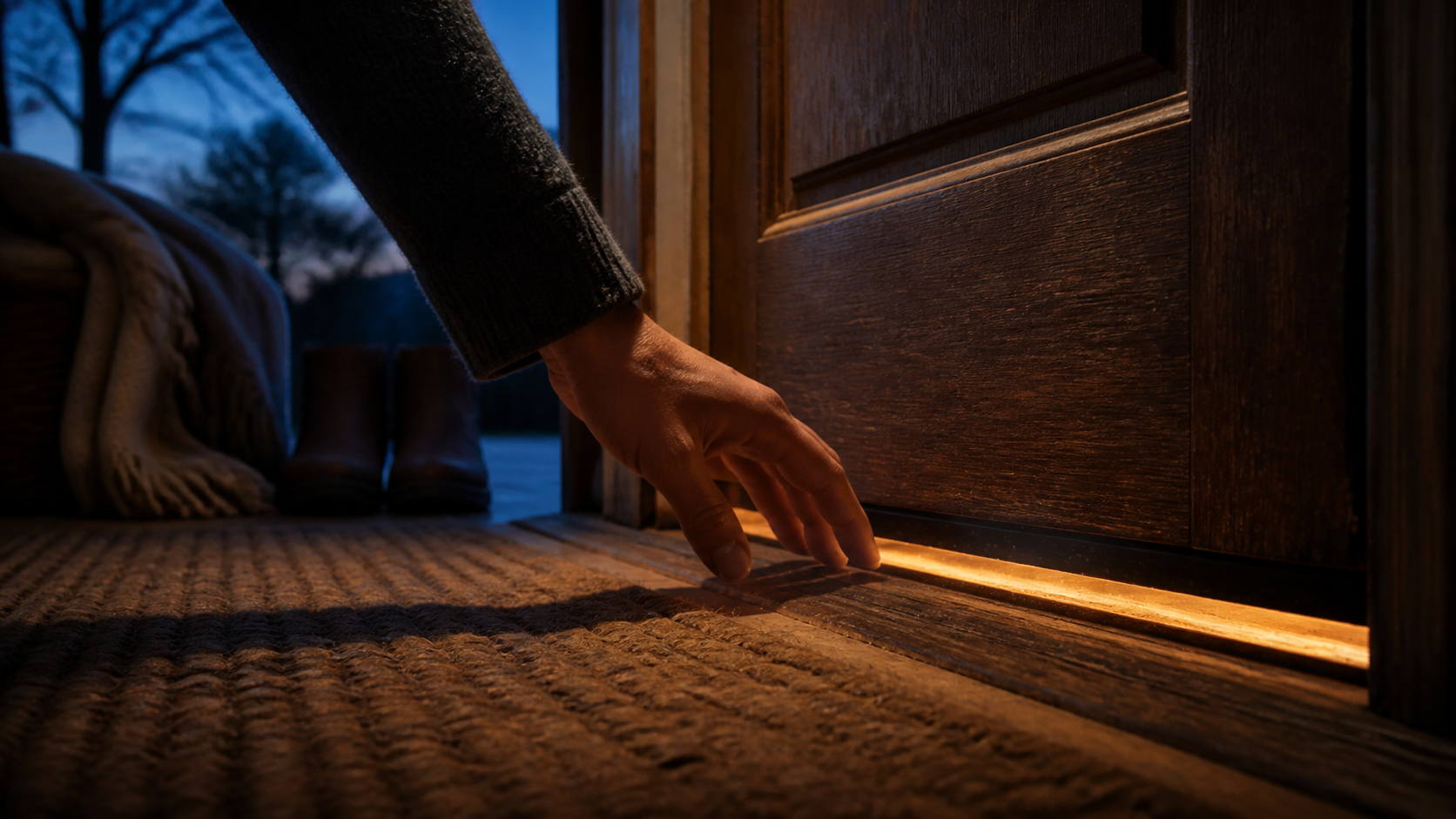 A hand held near the weatherstripping at the bottom of a closed front door, warm interior light spilling through the gap at dusk