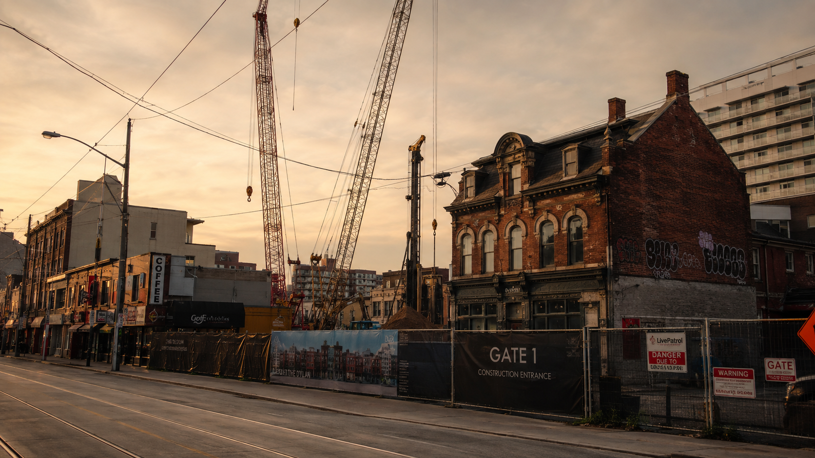 Construction and heritage redevelopment underway on Danforth Avenue in Toronto, site of a new mixed-income affordable housing development