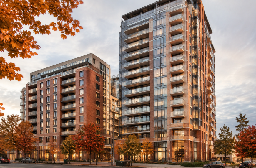 Two connected brick-and-glass rental towers along a Toronto streetscape framed by autumn maple trees.