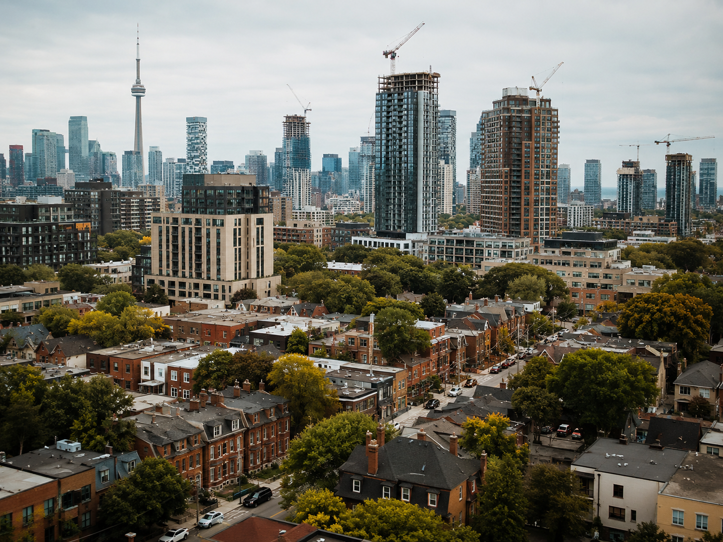 Toronto neighbourhood skyline blending older low-rise streets with new rental towers rising among them