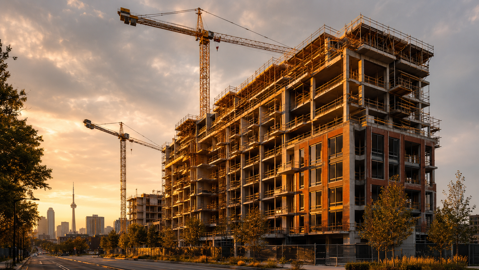 Toronto rental apartment building under construction at golden hour, cranes against an amber sky