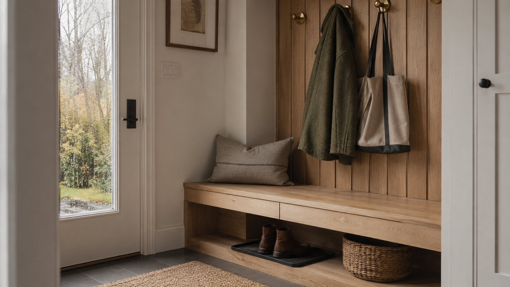 Built-in oak mudroom bench with brass hooks and drying boots in a warm Canadian entryway on a rainy autumn afternoon