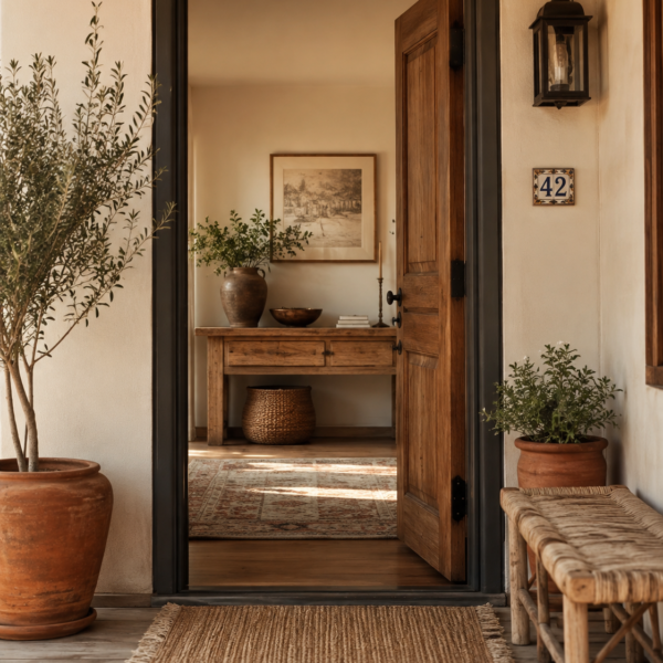 Open wooden front door viewed from a warm porch with terracotta planters, woven bench, textured rug, and a softly lit foyer with a natural wood console table inside.