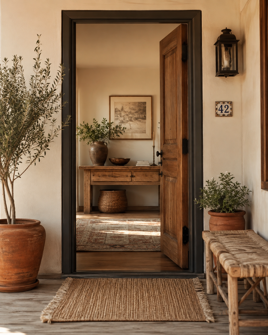 Warm, layered front porch with a soft view through the open door into a foyer beyond