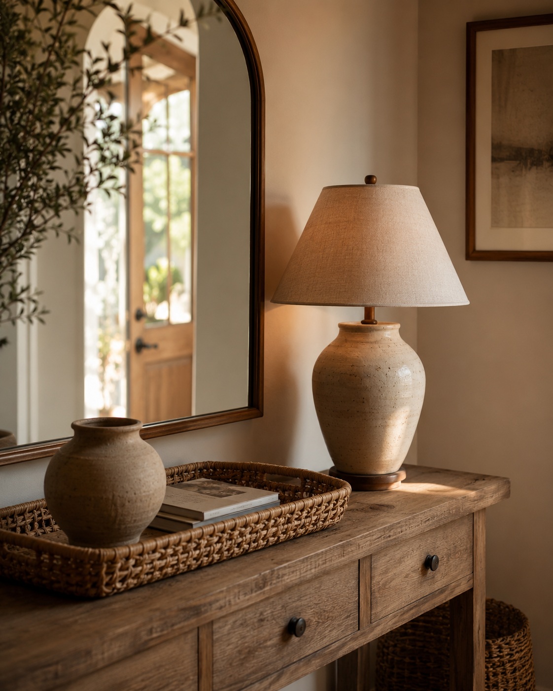 Warm neutral foyer console styled with an arched mirror, woven tray, and sculptural lamp