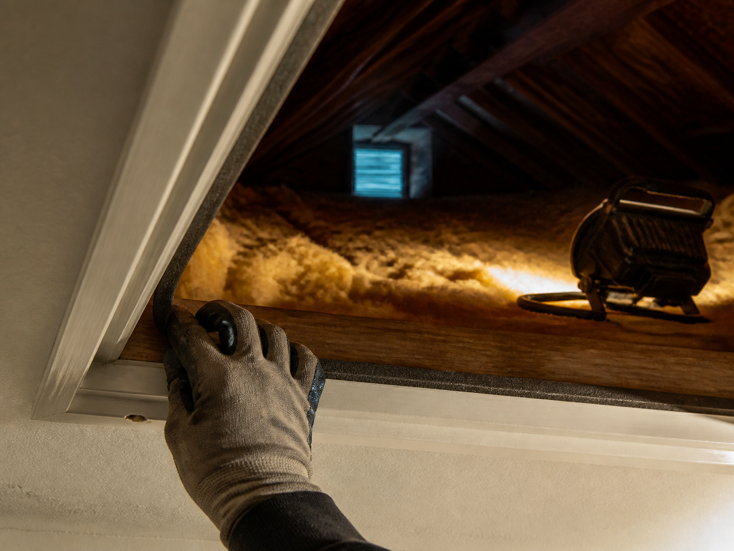 A gloved hand fitting foam weatherstripping around the frame of an open attic hatch, insulation visible beyond the opening