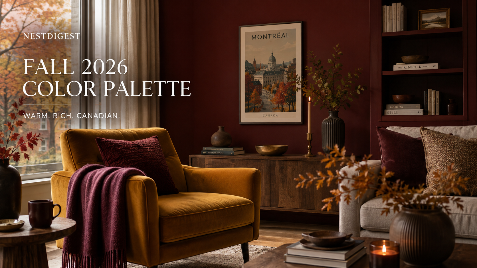 Oxblood accent wall with mustard velvet armchair and brass lamp in a warm Canadian living room