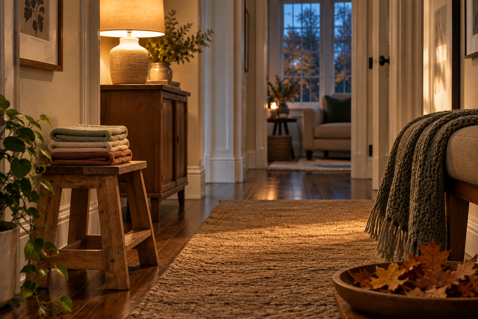 A quiet hallway with clean white trim and warm lamplight, ready for fall