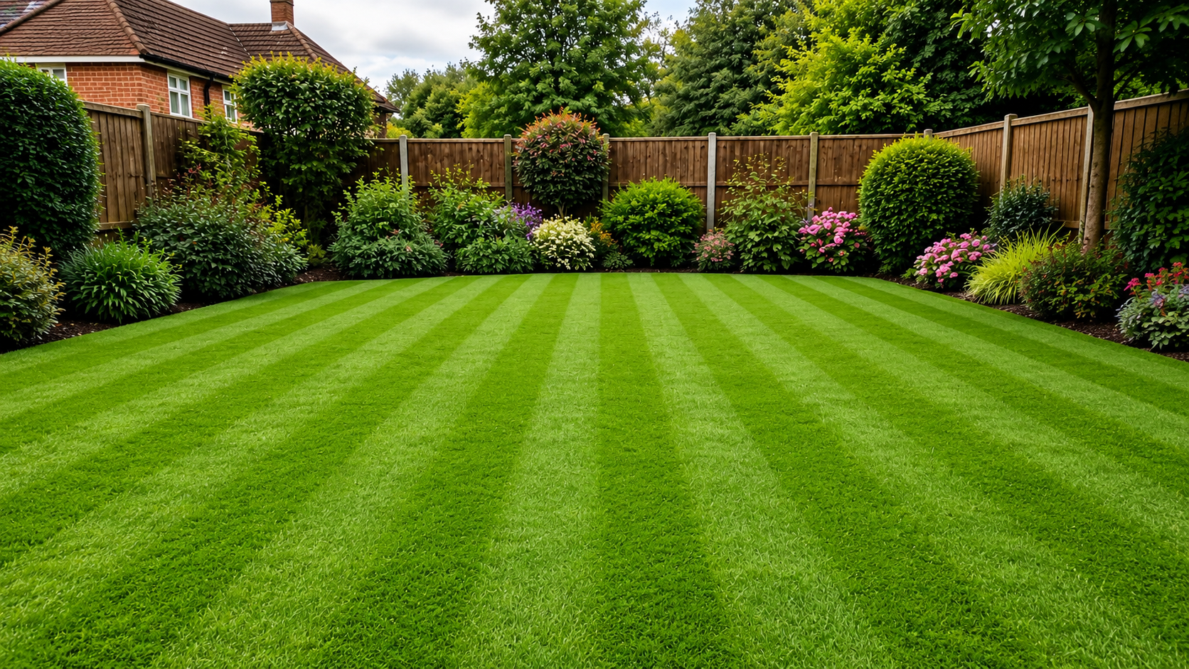 Dense, healthy green lawn in front of a home on a dewy spring morning