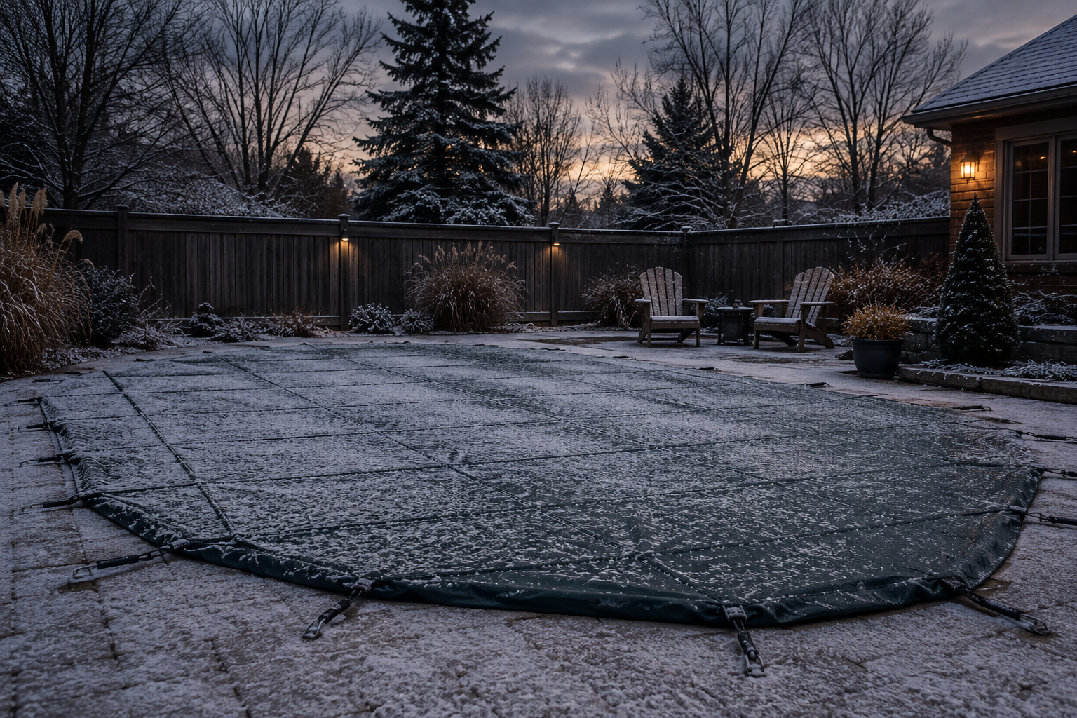Fully covered inground pool with anchored winter safety cover and light snow beginning to fall in an Ontario backyard