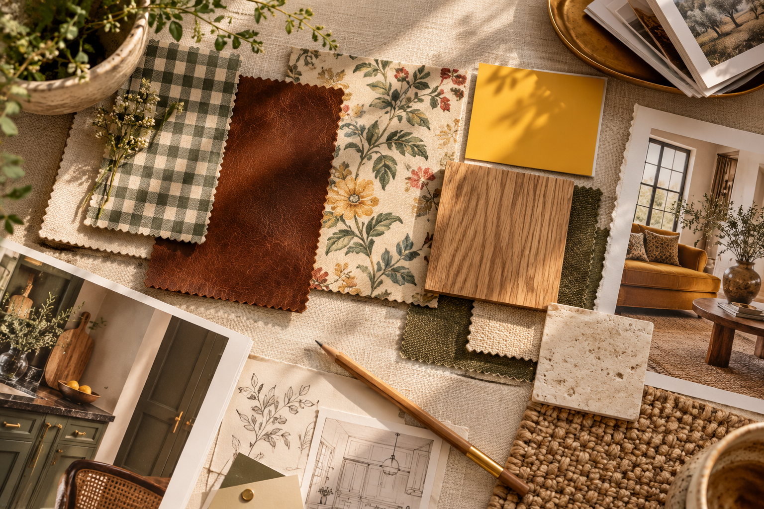 Flat-lay moodboard of design style swatches: cottagecore gingham, dark academia leather, biophilic oak