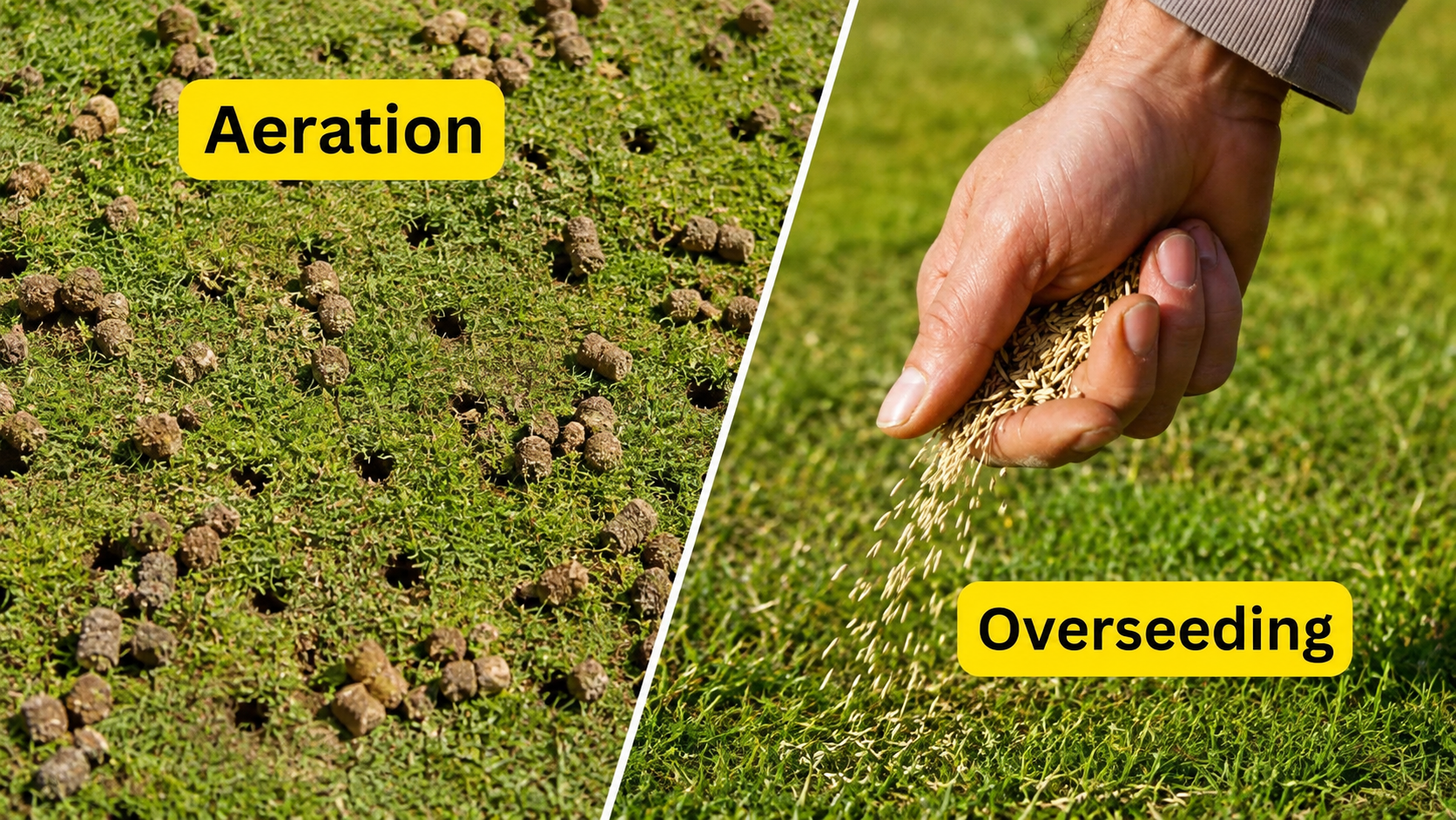 Overhead view of aerated soil cores next to grass seed and a garden trowel