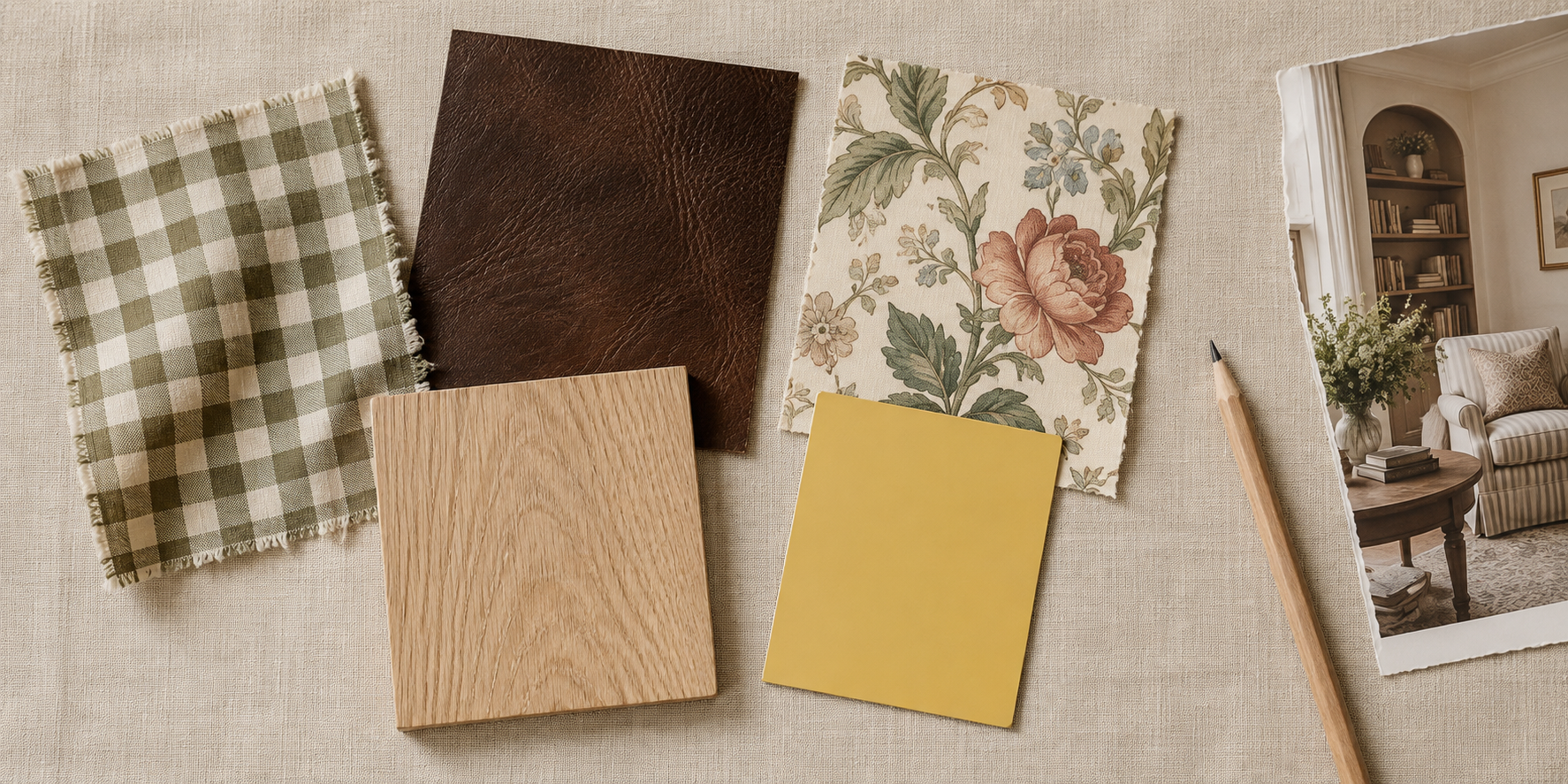 Flat-lay moodboard of design style swatches: cottagecore gingham, dark academia leather, biophilic oak