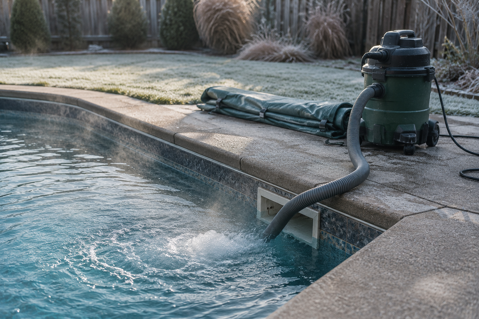 Technician using a shop vacuum to blow out a pool skimmer line before winterizing an inground pool