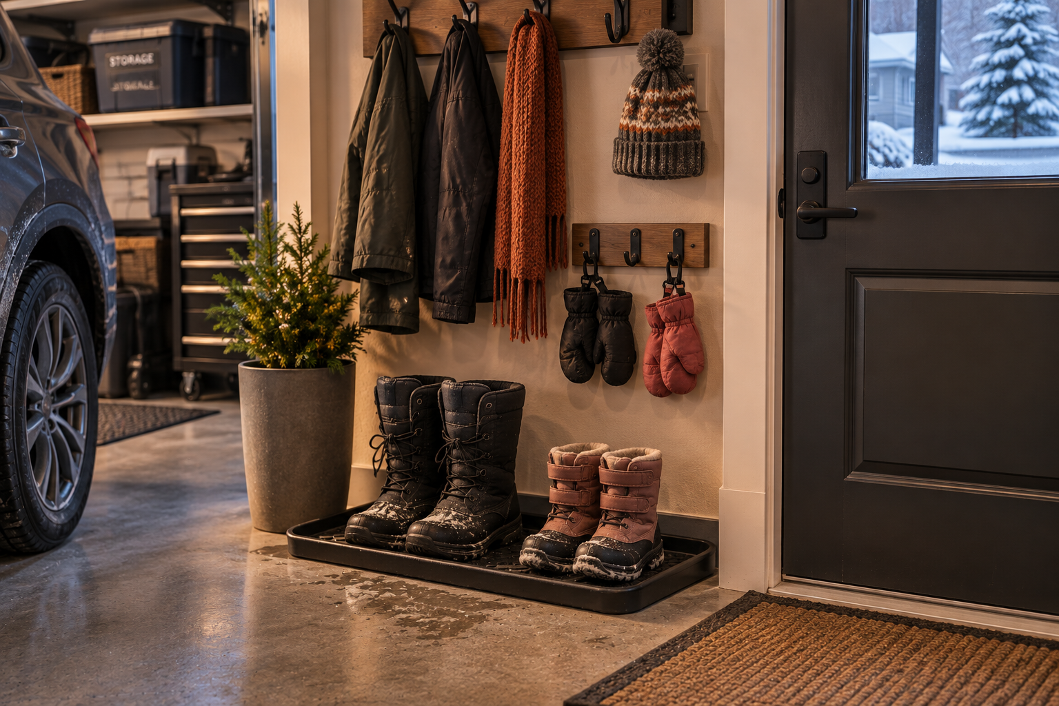 Boot tray and wall hooks at two heights holding damp winter boots, mittens, and a knit hat drying near the garage door