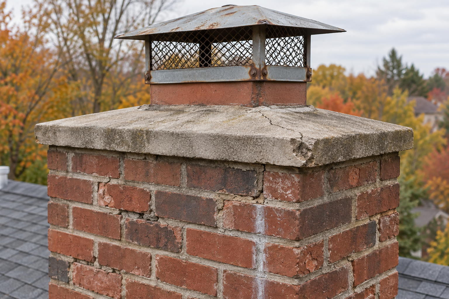 Brick chimney with cap and crown on a suburban rooftop surrounded by autumn trees