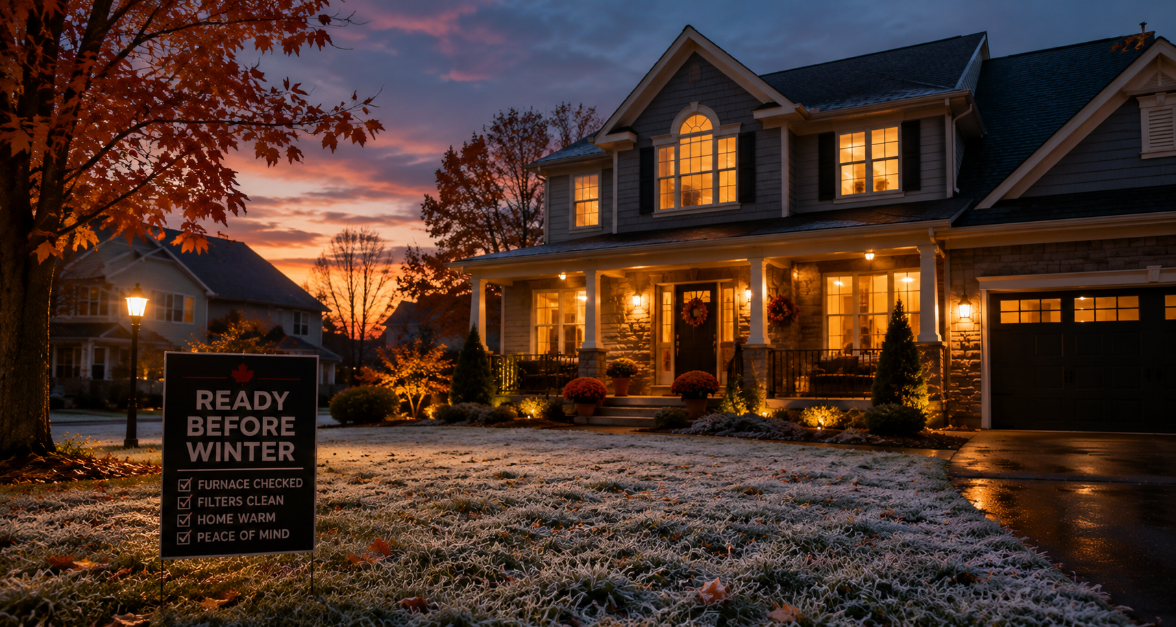 Canadian home exterior glowing with warm light at dusk with early frost on the lawn