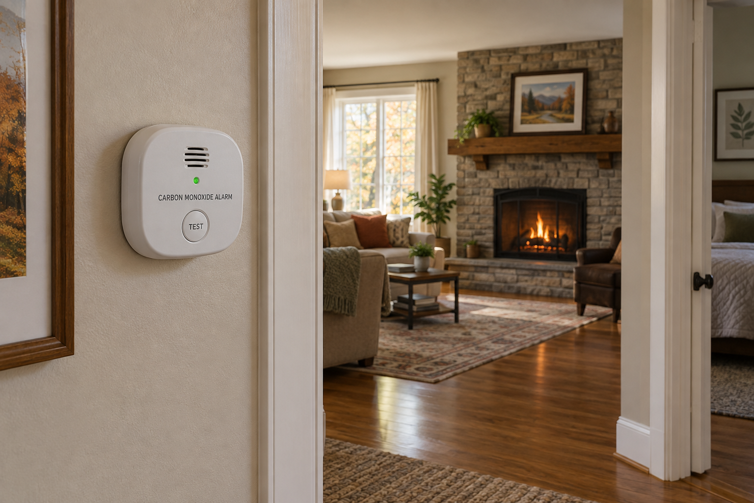 Carbon monoxide alarm mounted on a wall next to a decorated fireplace mantel