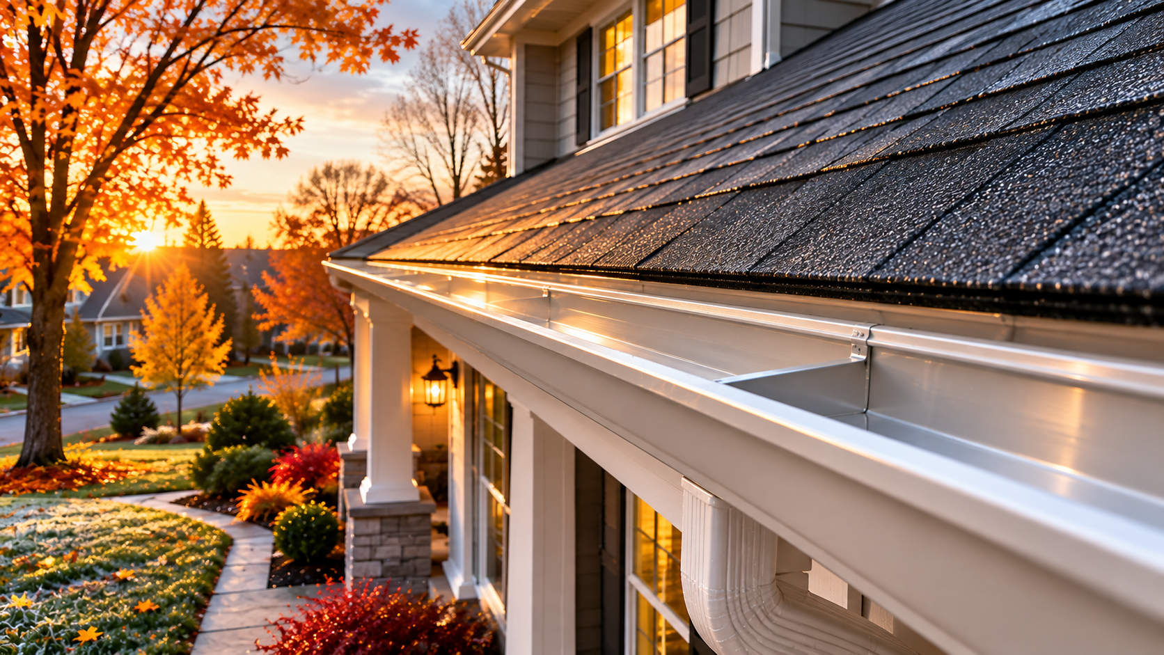 Debris-free gutter along a roofline against a pale autumn sky