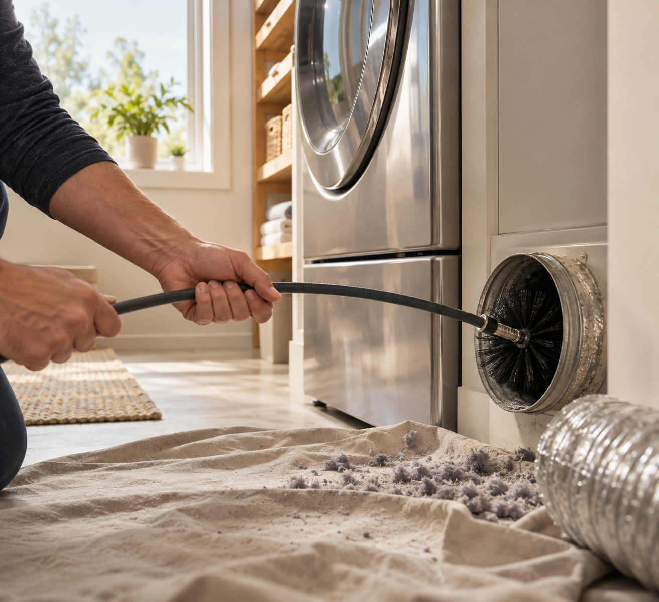 Homeowner using a flexible brush to clear lint from a disconnected dryer vent duct