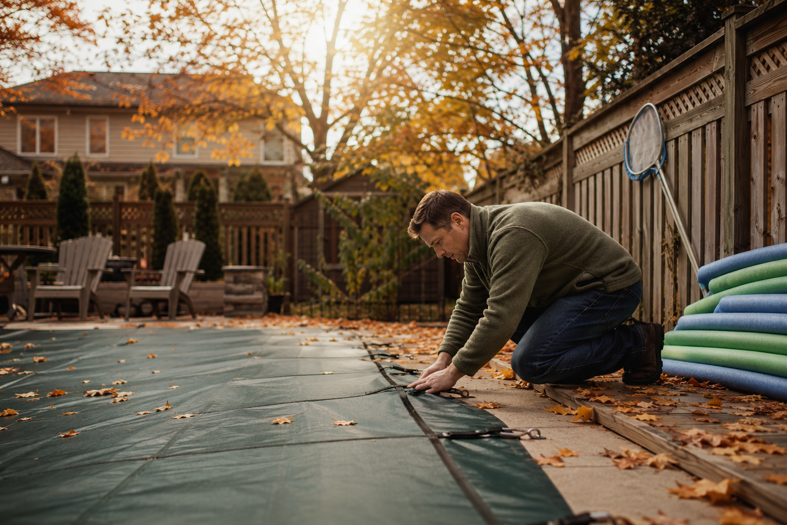 Homeowner fitting a winter safety cover over an inground pool in a frost-covered Ontario backyard in late September
