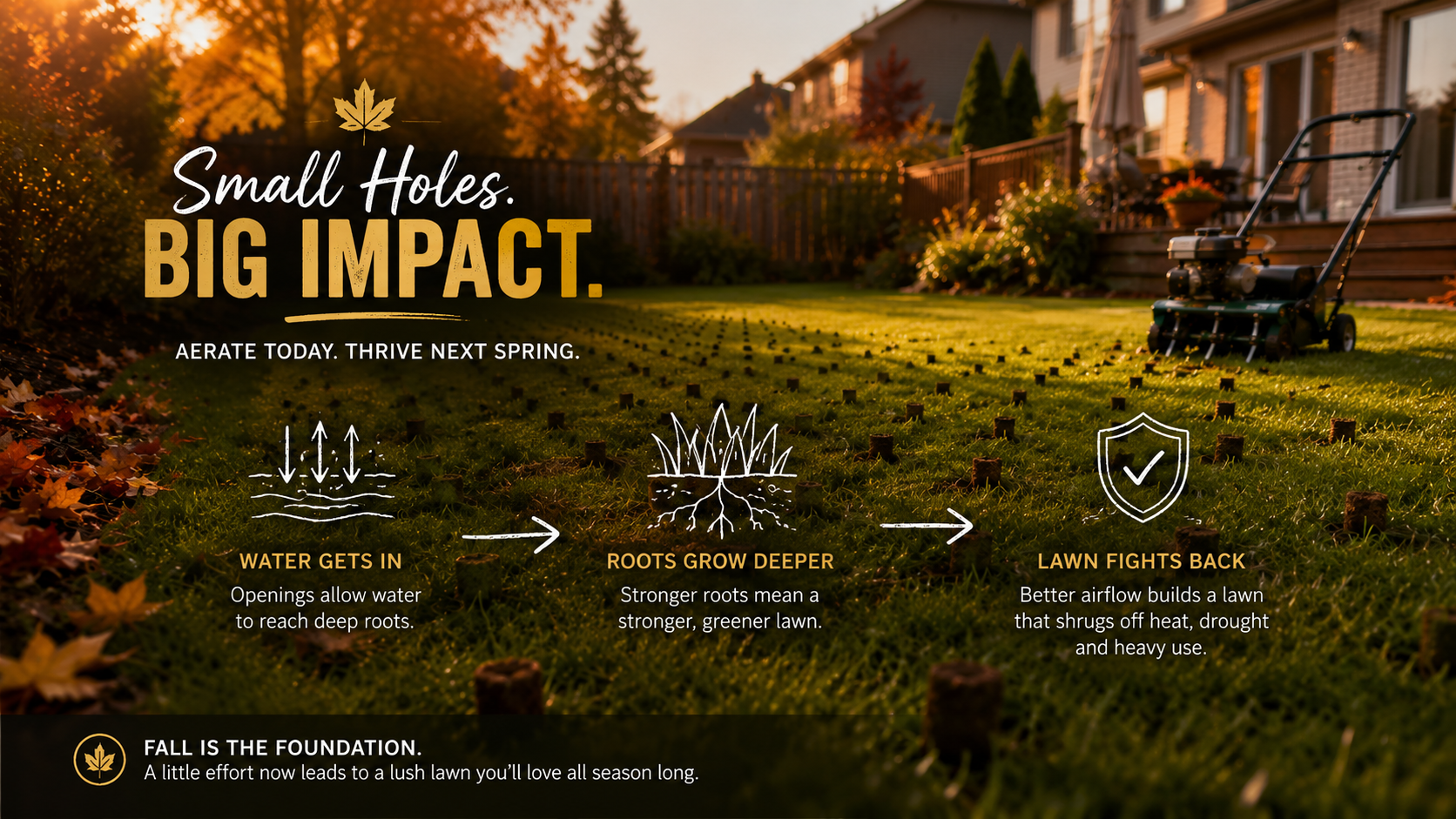 Core aerator plugs scattered across a green fall lawn at golden hour