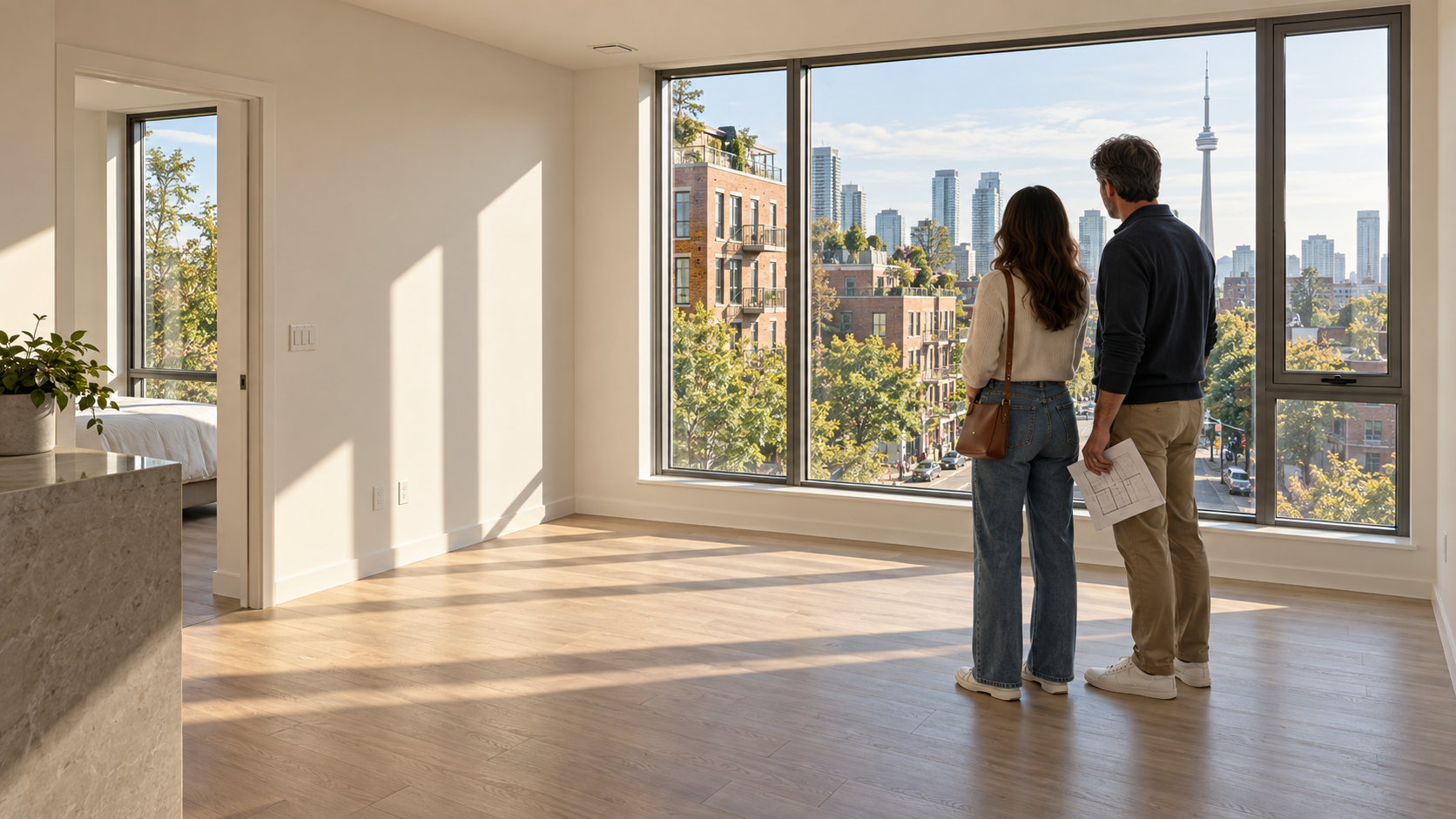 Couple holding a floor plan while viewing a sunlit Toronto condo.