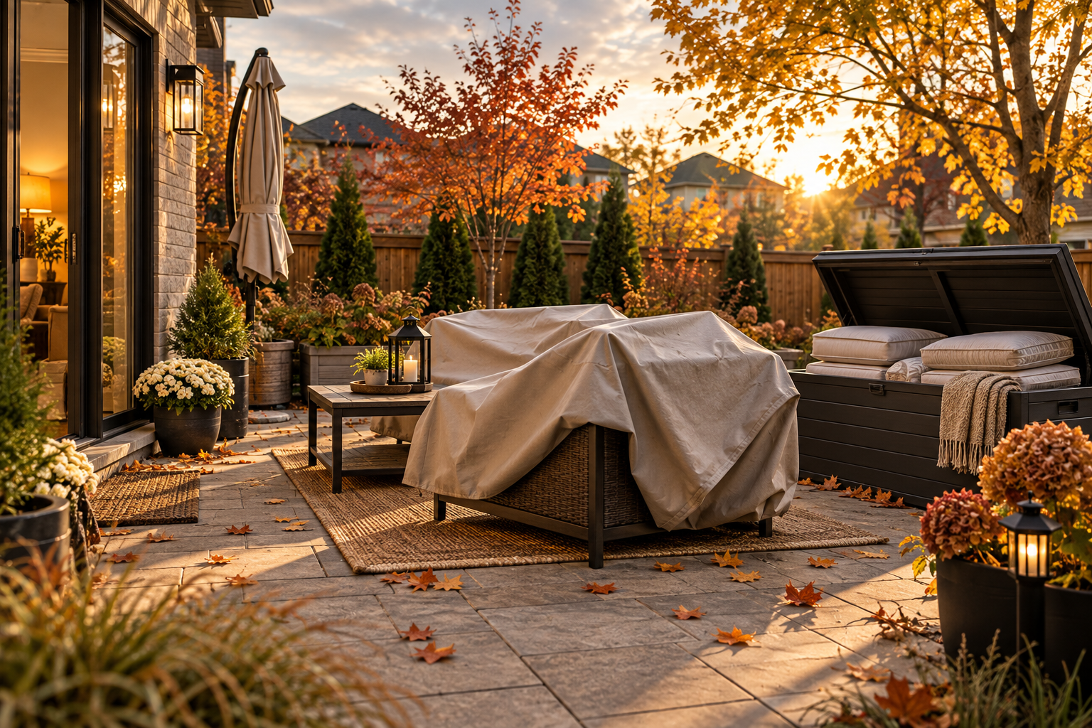 Covering patio furniture and storing cushions in a deck box for winter in Ontario