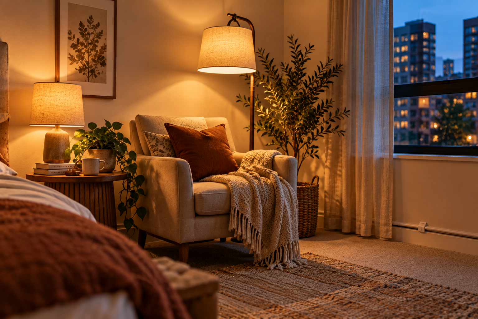 Cozy rental bedroom corner with a floor lamp and table lamp.