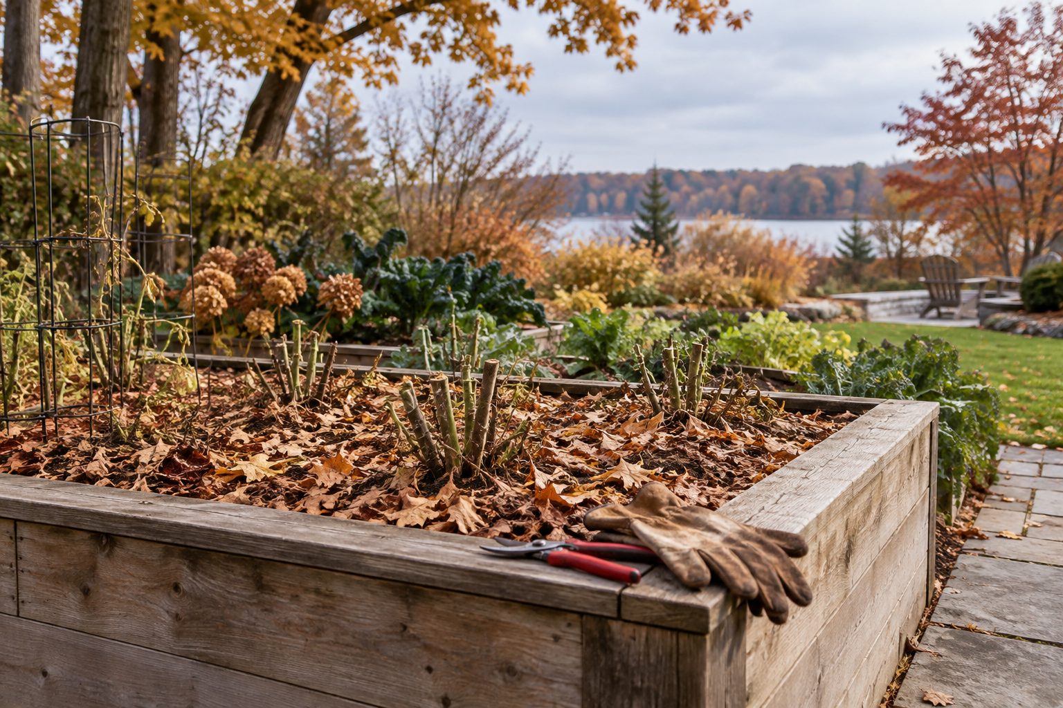 Cut tomato stubble and fresh leaf mulch in a fall Ontario garden bed