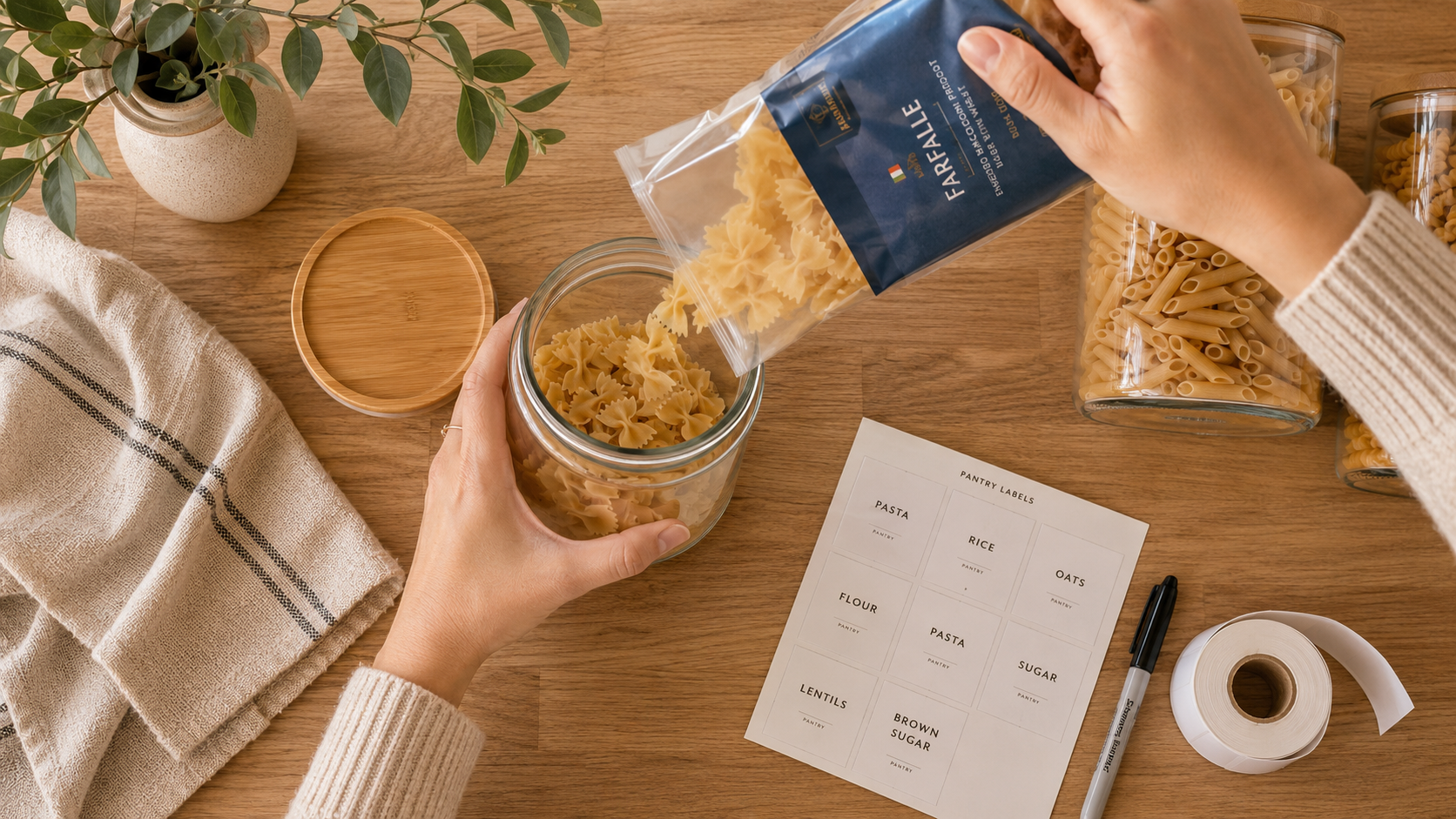 Hands pouring pasta from its bag into a clear airtight canister