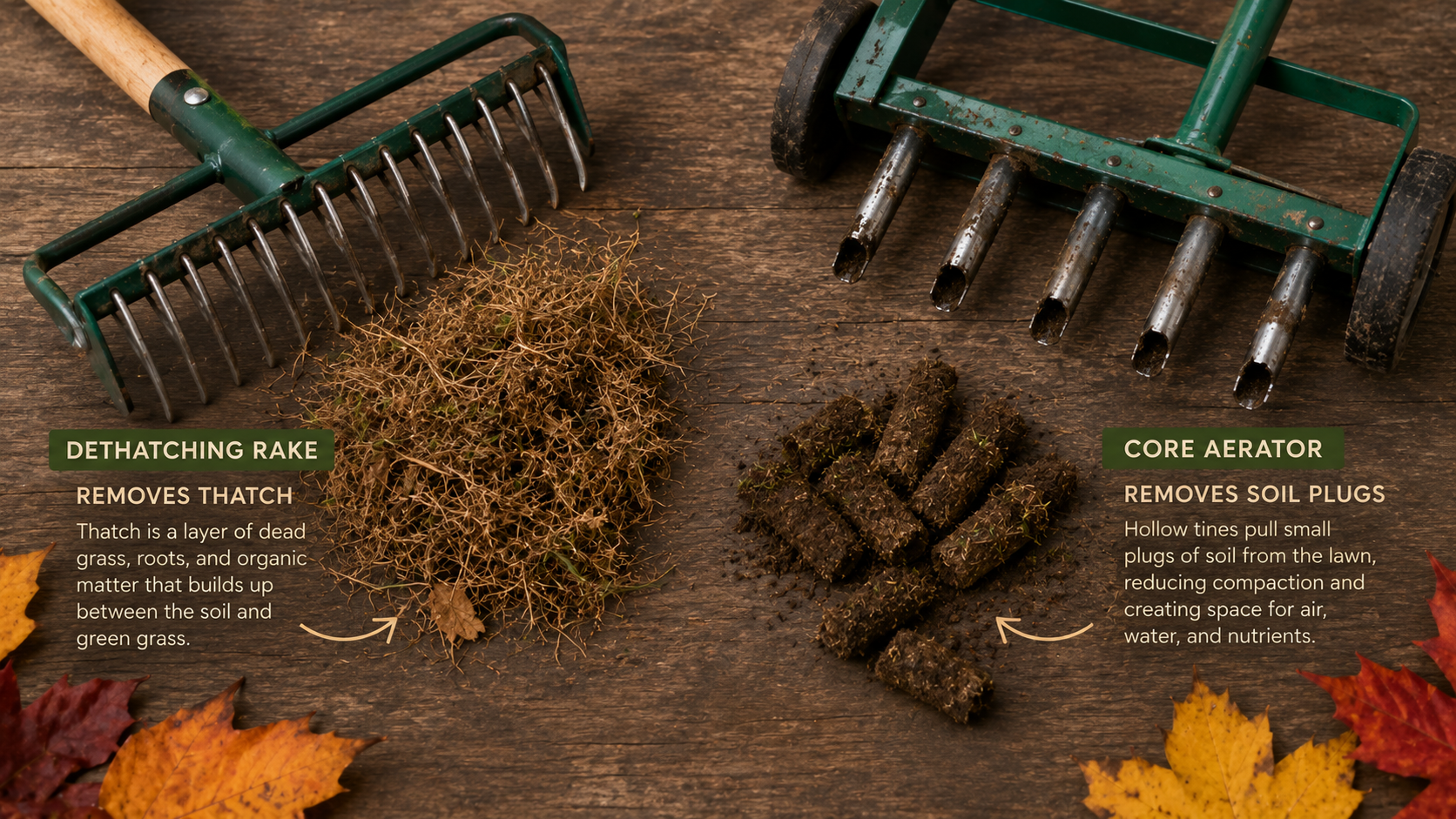 Dethatching rake and core aerator tools shown side by side with debris