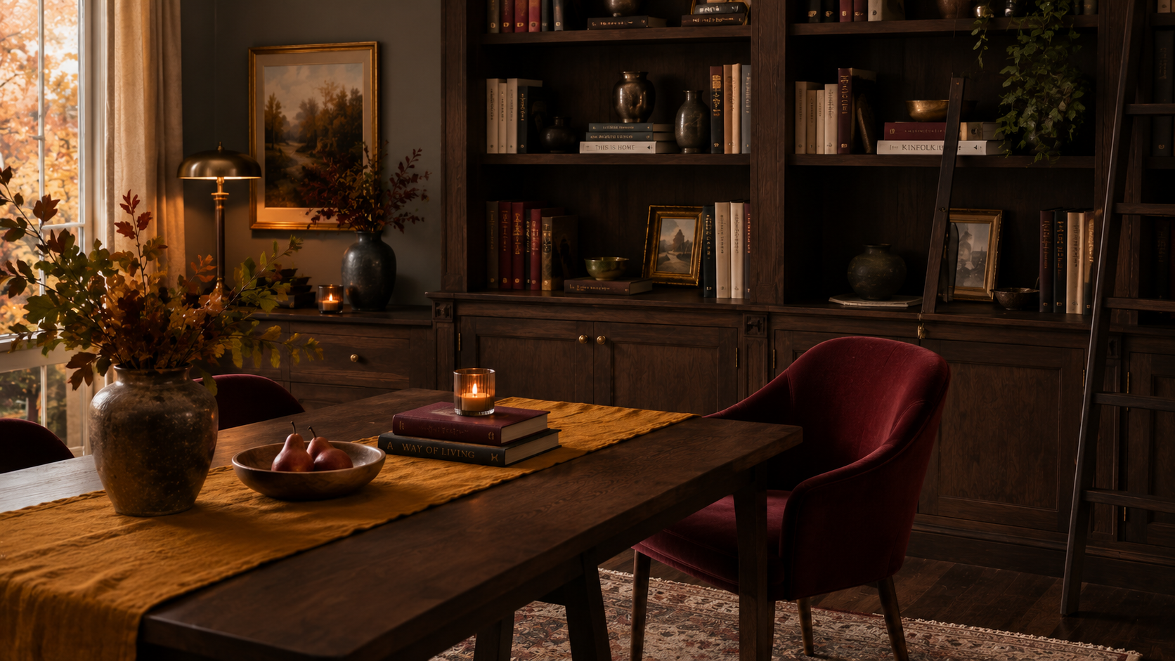 Dining room library nook with burgundy velvet chair, walnut shelving, and mustard table runner