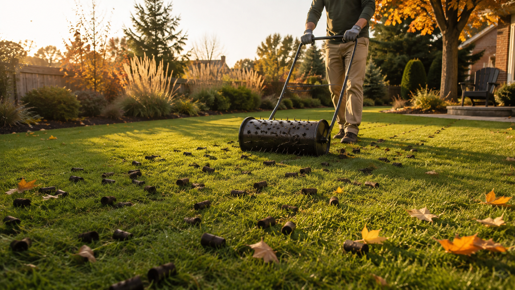 Core aerator leaving soil plugs across a green Ontario lawn in early fall