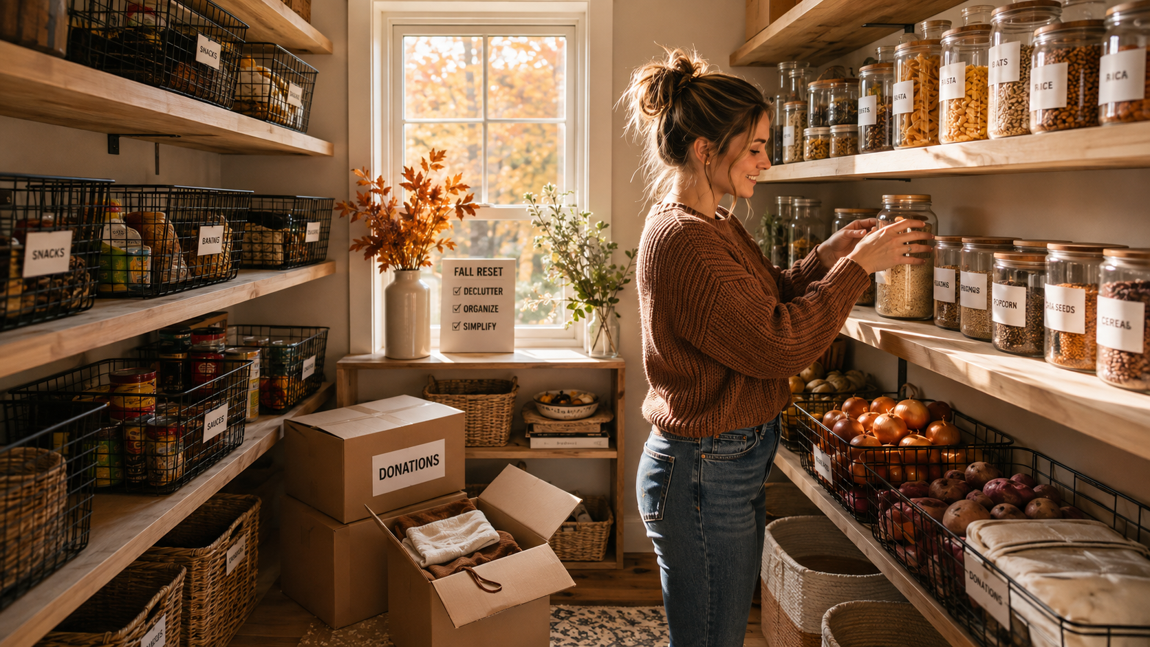 Open pantry mid-reset with labeled canisters and donation boxes