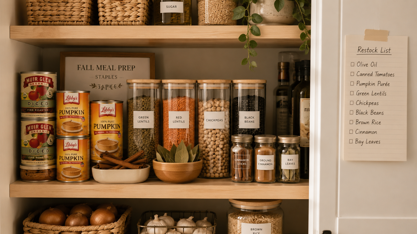 Fall pantry shelf with canned pumpkin, lentils, and cinnamon at eye level