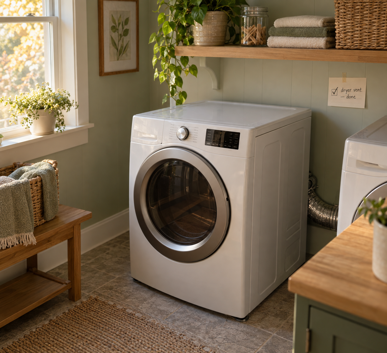 Laundry room with the dryer reconnected and pushed back against the wall after vent cleaning
